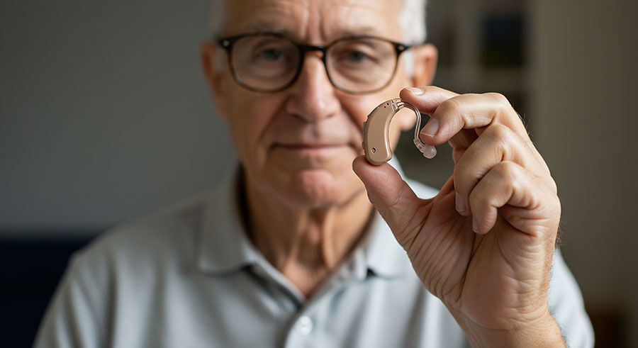 Seniors tenant son appareil auditif entre les doigts pour nous le montrer