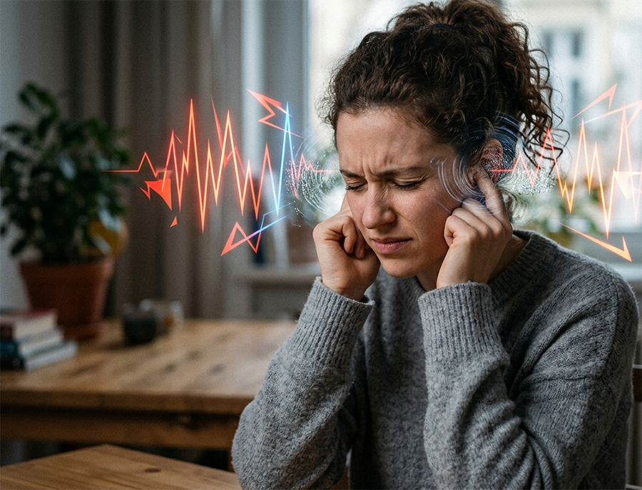 femme se tenant les oreilles car g&ecirc;n&eacute;e par des bruits parasites 